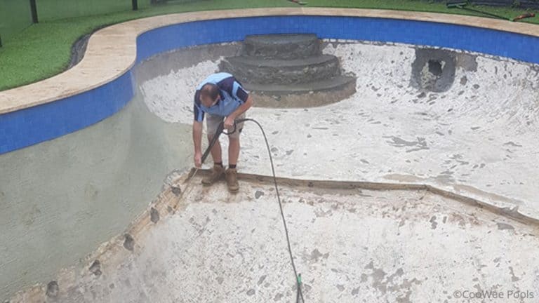 Mt Eliza pool renovation final high pressure wash before applying prep coat